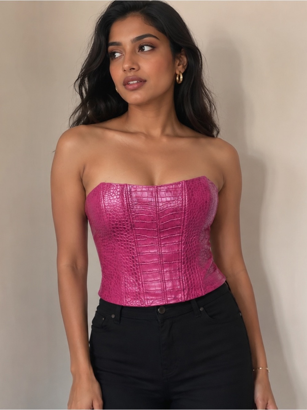 Camila Coelho Kaila Women's S Fuchsia Pink Croc Embossed Leather Corset Top NWT